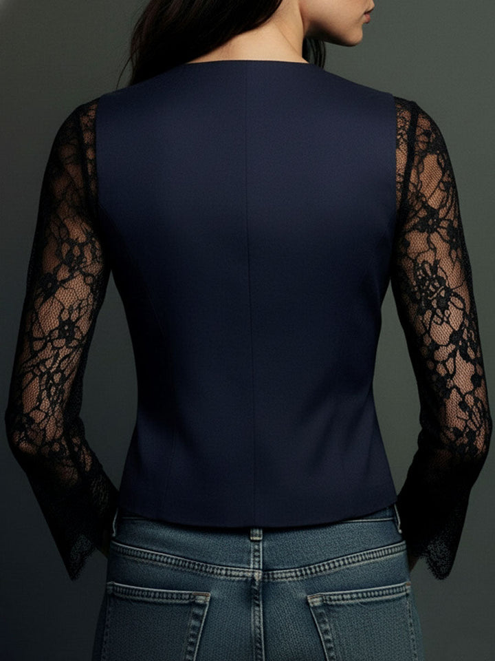 Elegante Blazer con Mangas de Panel de Encaje Negro