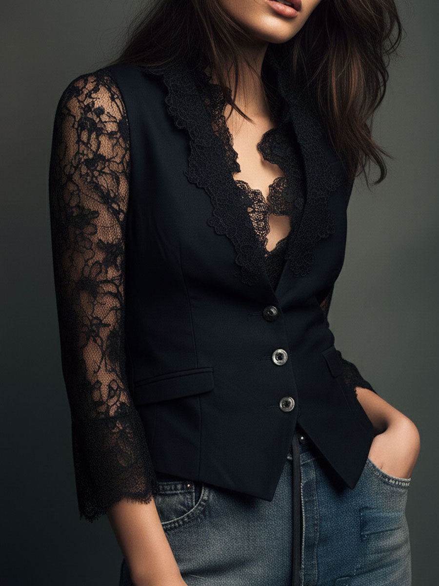 Elegante Blazer con Mangas de Panel de Encaje Negro