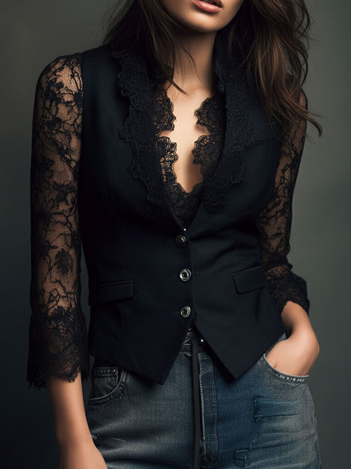 Elegante Blazer con Mangas de Panel de Encaje Negro