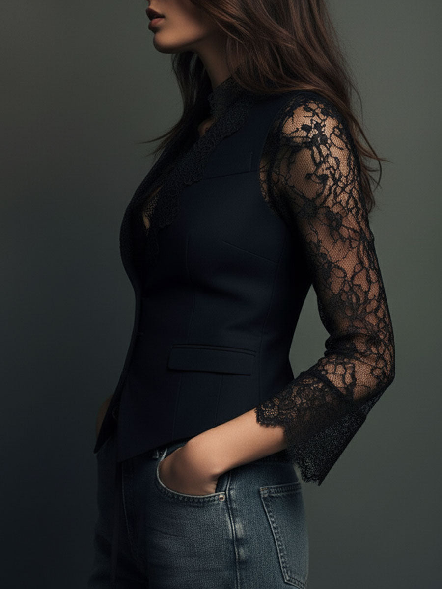 Elegante Blazer con Mangas de Panel de Encaje Negro