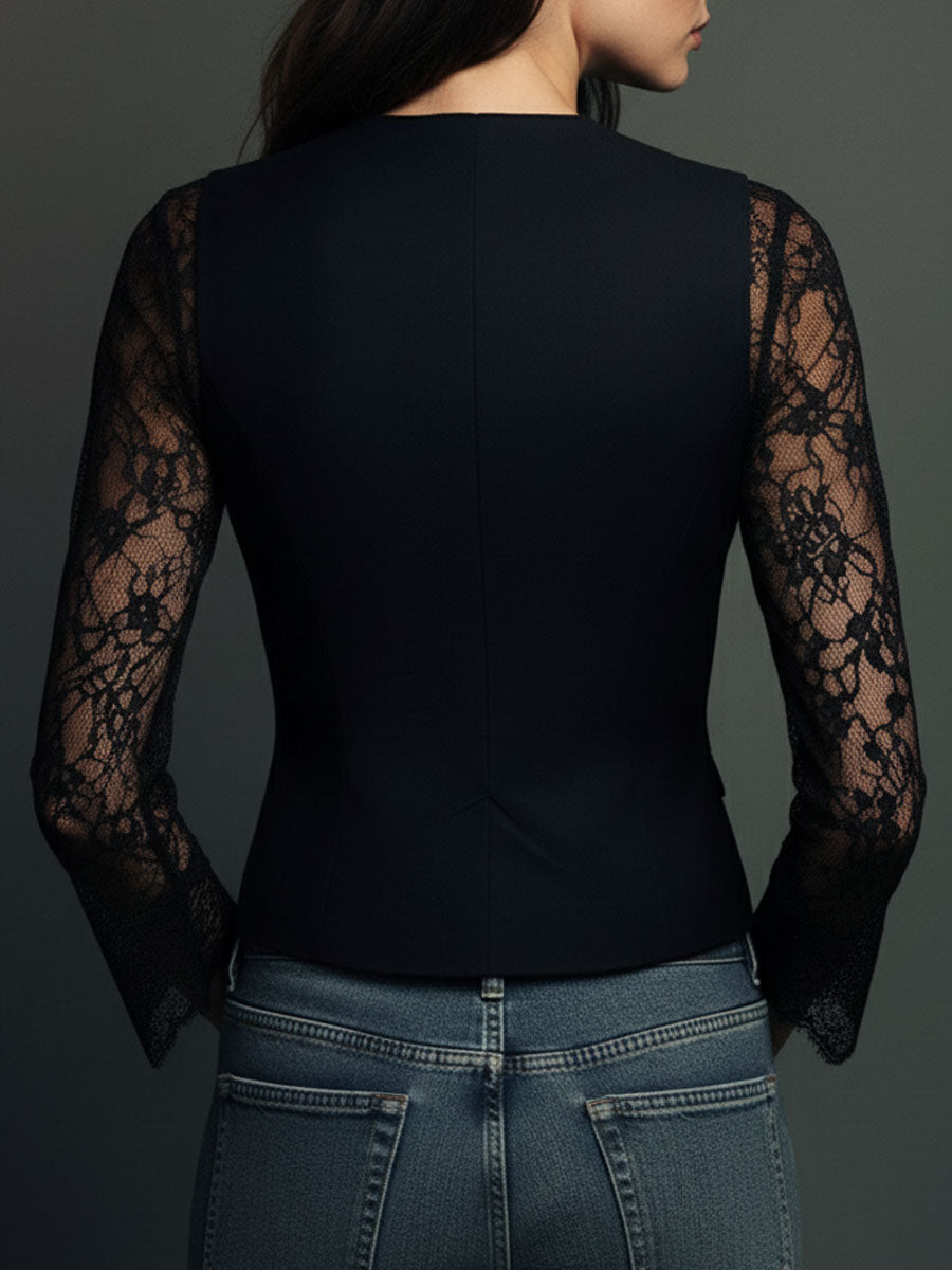 Elegante Blazer con Mangas de Panel de Encaje Negro
