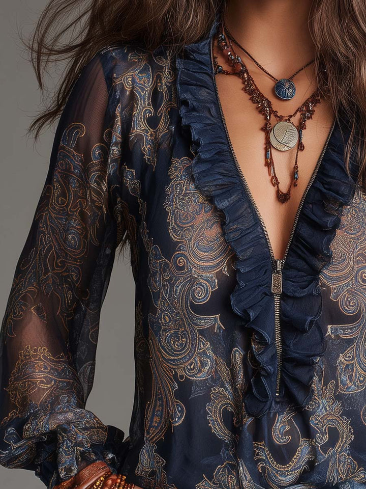 Blusa de Chiffon con Volantes y Estampado Barroco Paisley en Azul Marino