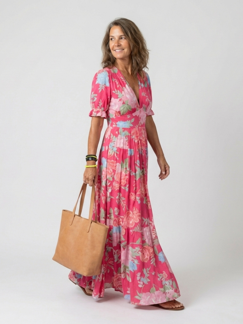 Ione | Vestido Midi Floral de Manga Corta con Escote en V
