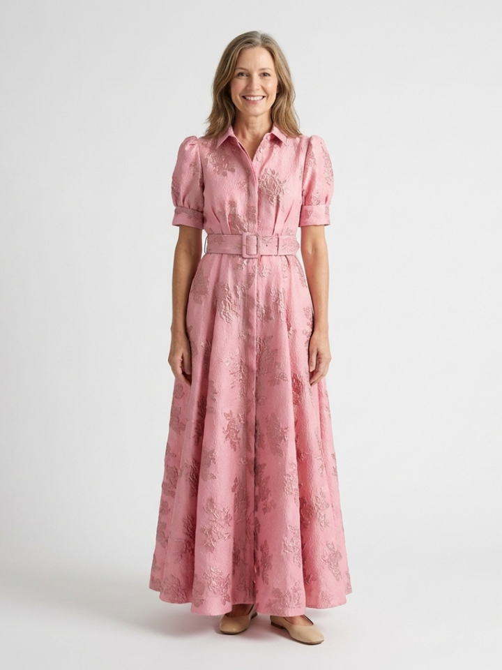 Xanthea | Vestido Maxi Camisero Floral Texturizado con Manga Corta y Cinturón