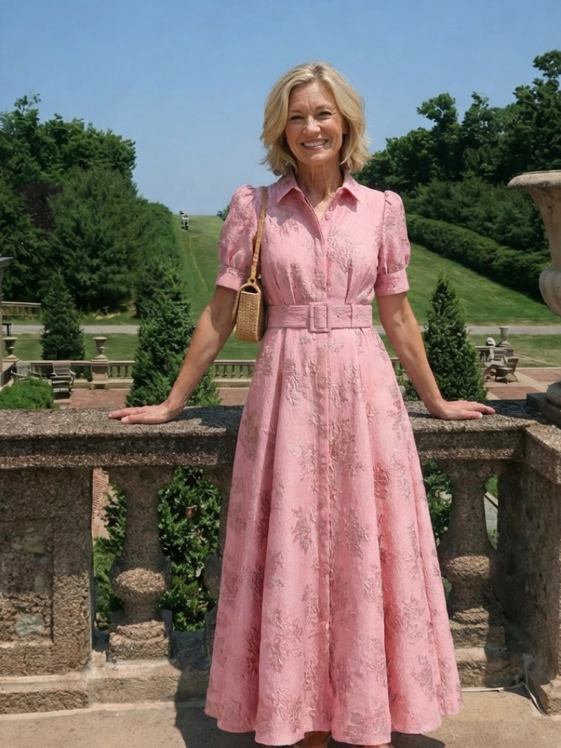 Xanthea | Vestido Maxi Camisero Floral Texturizado con Manga Corta y Cinturón