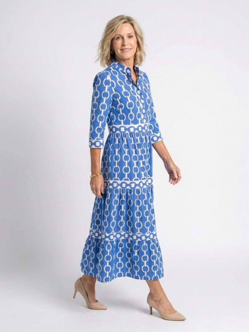 Ysolde | Vestido midi con patrón de cadena y mangas tres cuartos