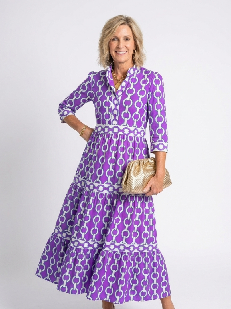Ysolde | Vestido midi con patrón de cadena y mangas tres cuartos