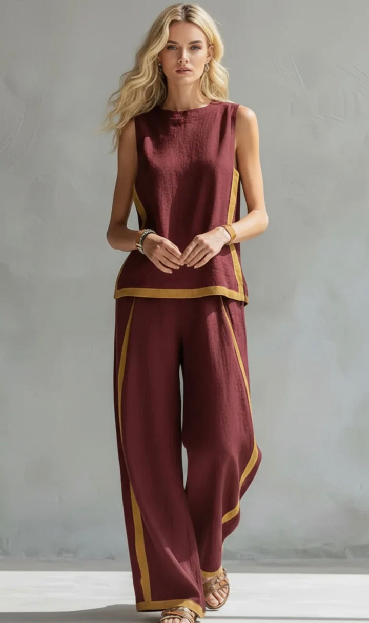 Leila - Conjunto elegante y casual de chaleco y pantalones de algodón y lino gris con bordes en dos tonalidades.