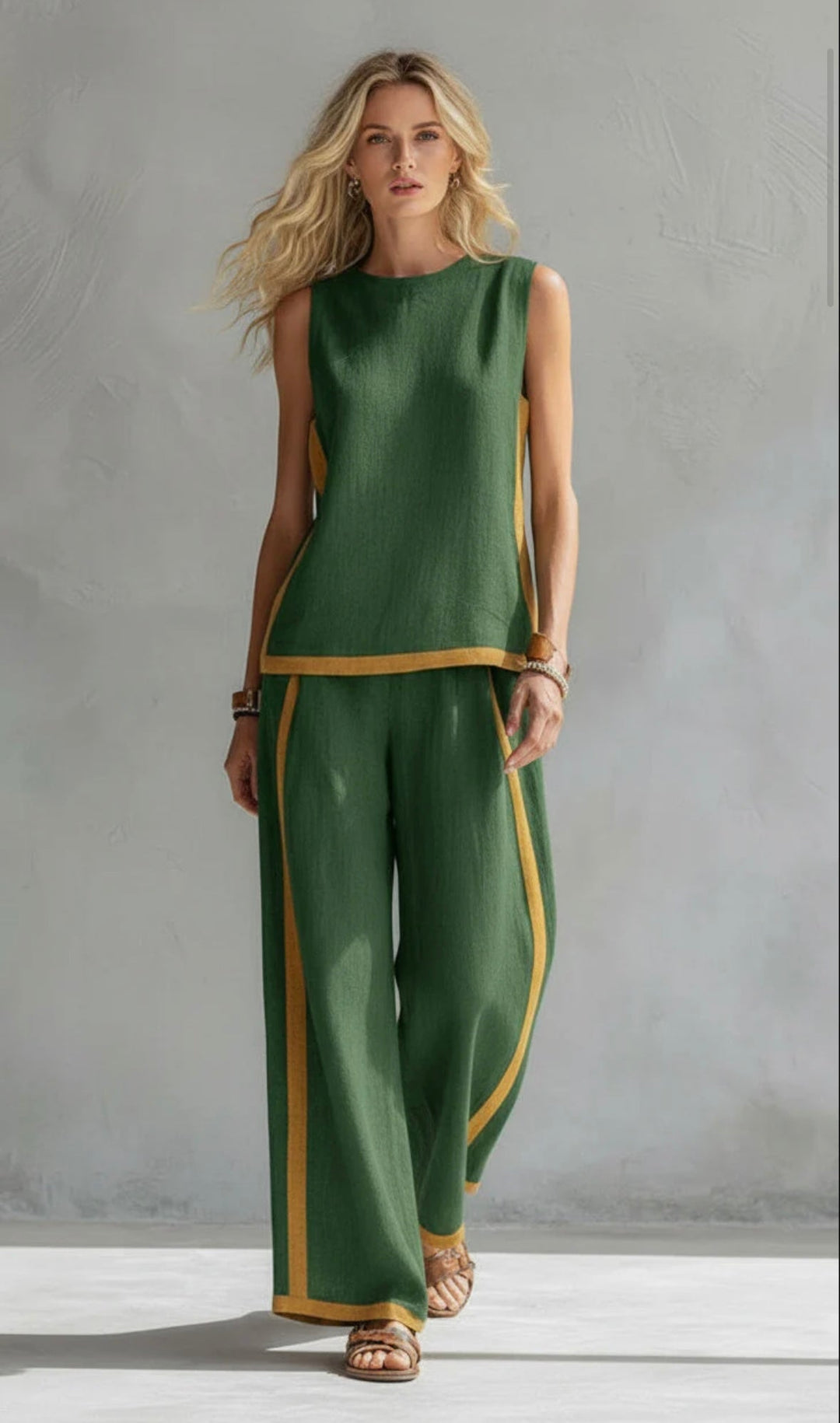 Leila - Conjunto elegante y casual de chaleco y pantalones de algodón y lino gris con bordes en dos tonalidades.