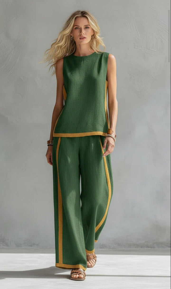 Leila - Conjunto elegante y casual de chaleco y pantalones de algodón y lino gris con bordes en dos tonalidades.
