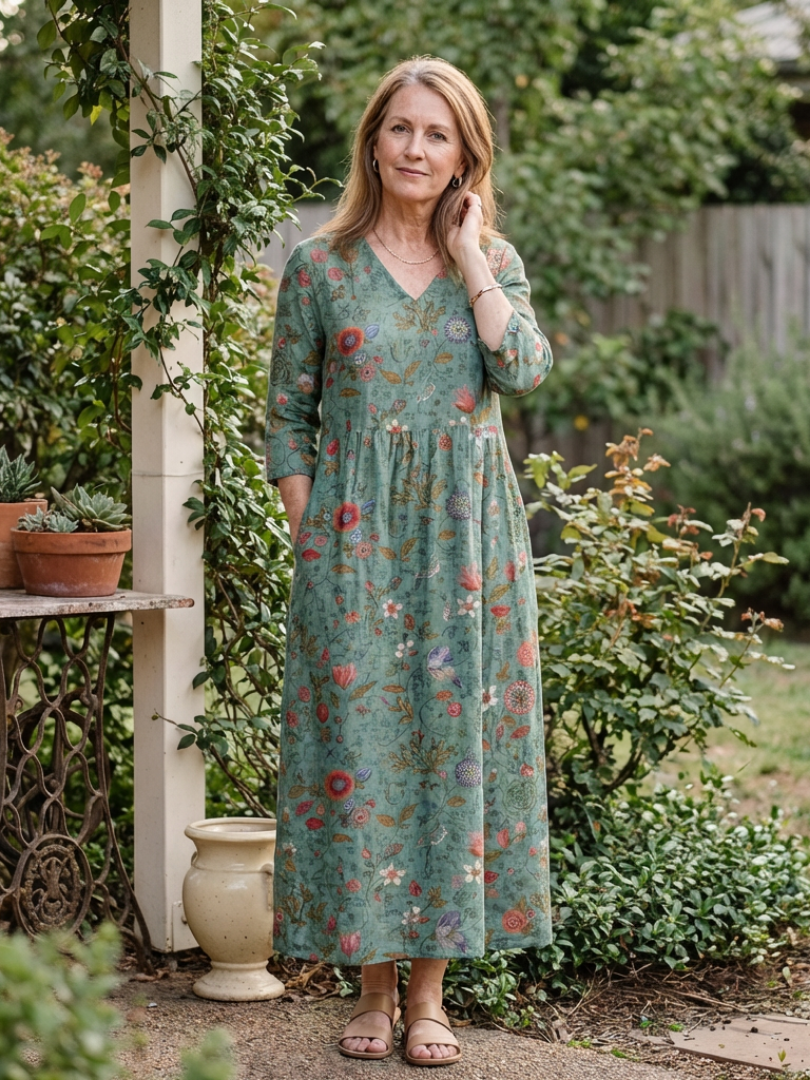 Marina | Vestido Maxi de Manga Tres Cuartos con Escote en V Floral