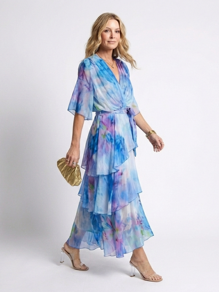 Calista | Vestido Maxi de Capa Transparente con Escote en V y Cintura Ajustable