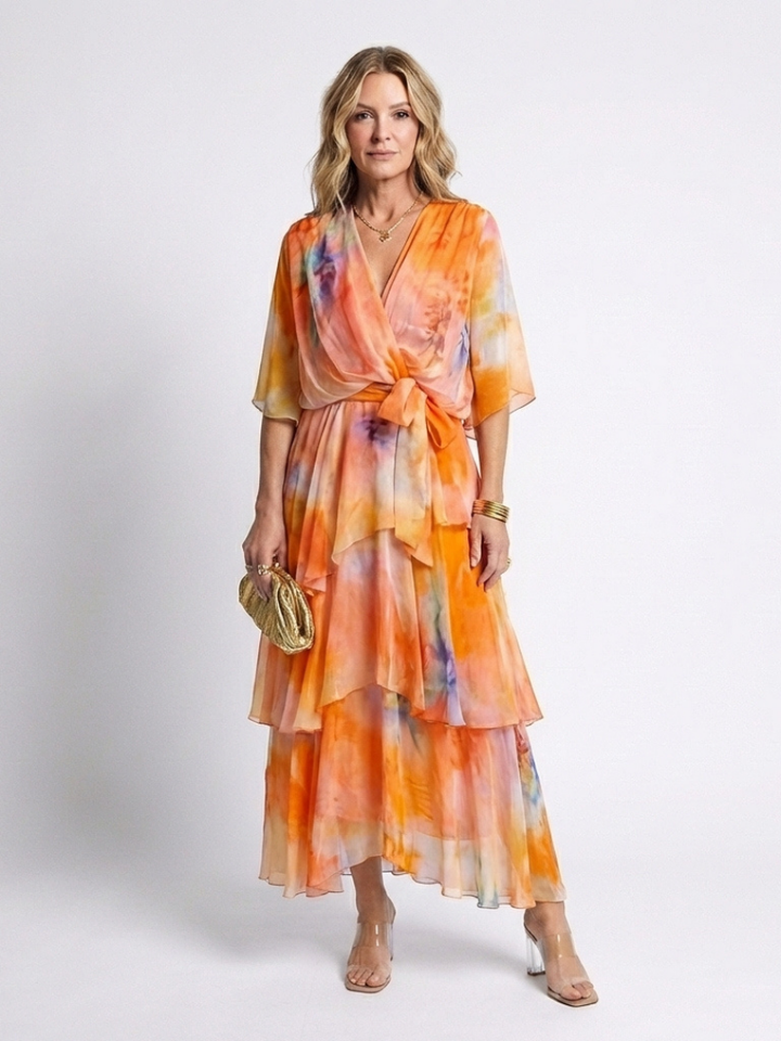 Calista | Vestido Maxi de Capa Transparente con Escote en V y Cintura Ajustable