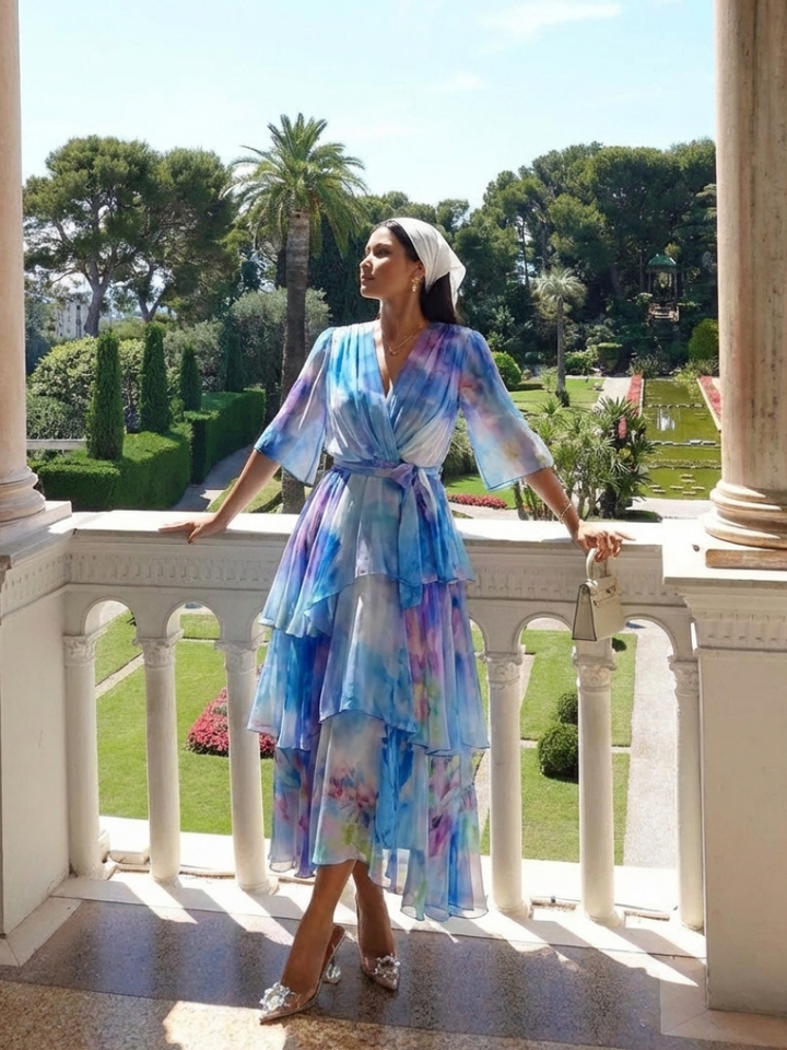 Calista | Vestido Maxi de Capa Transparente con Escote en V y Cintura Ajustable