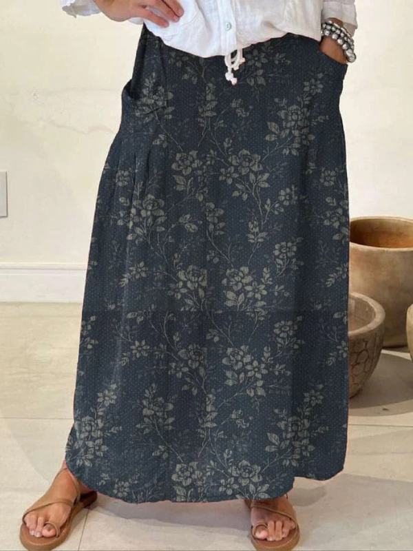 Falda de Lino Floral Vintage para Mujer con Cintura Elástica y Bolsillos