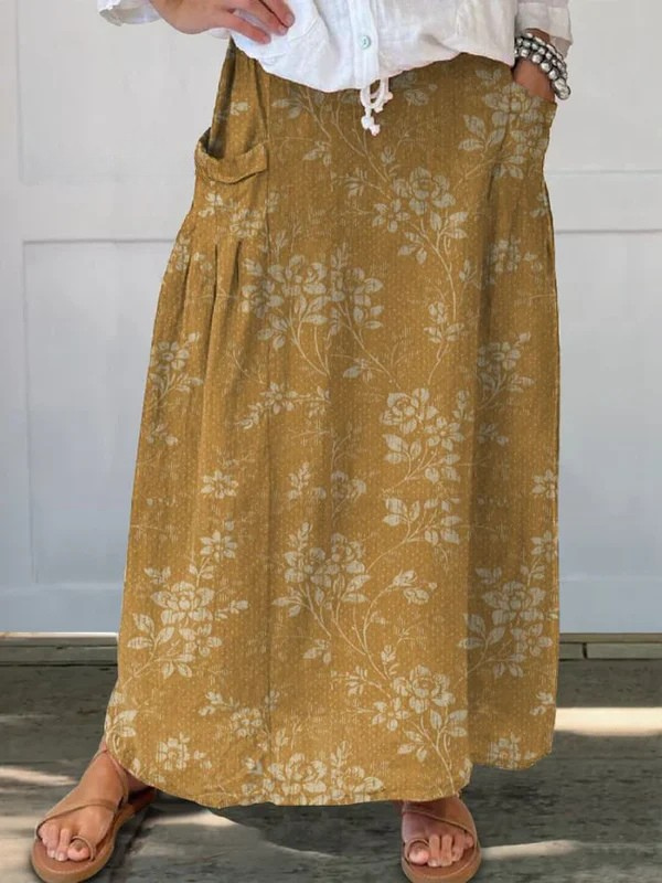 Falda de Lino Floral Vintage para Mujer con Cintura Elástica y Bolsillos