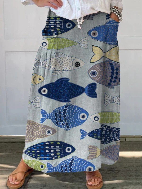 Falda de Lino con Arte de Pescado Vintage para Mujeres