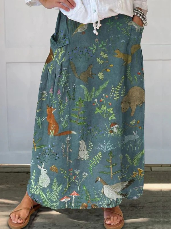 Falda Casual de Lino con Arte Floral Retro para Mujeres