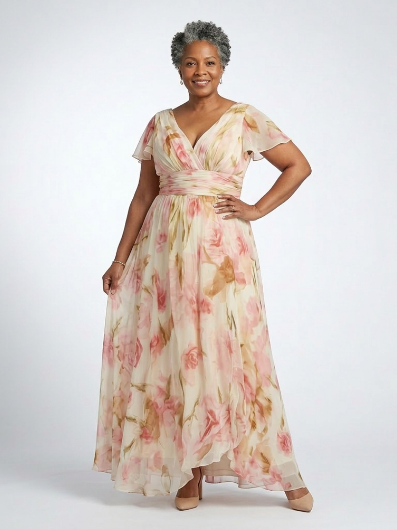 Elara | Vestido Maxi Floral de Manga Corta con Escote en V