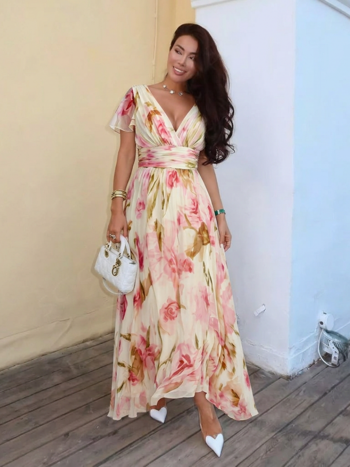 Elara | Vestido Maxi Floral de Manga Corta con Escote en V