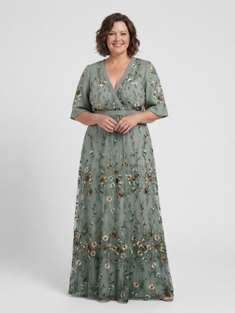 Evadne | Vestido Maxi de Manga Corta con Escote en V Floral