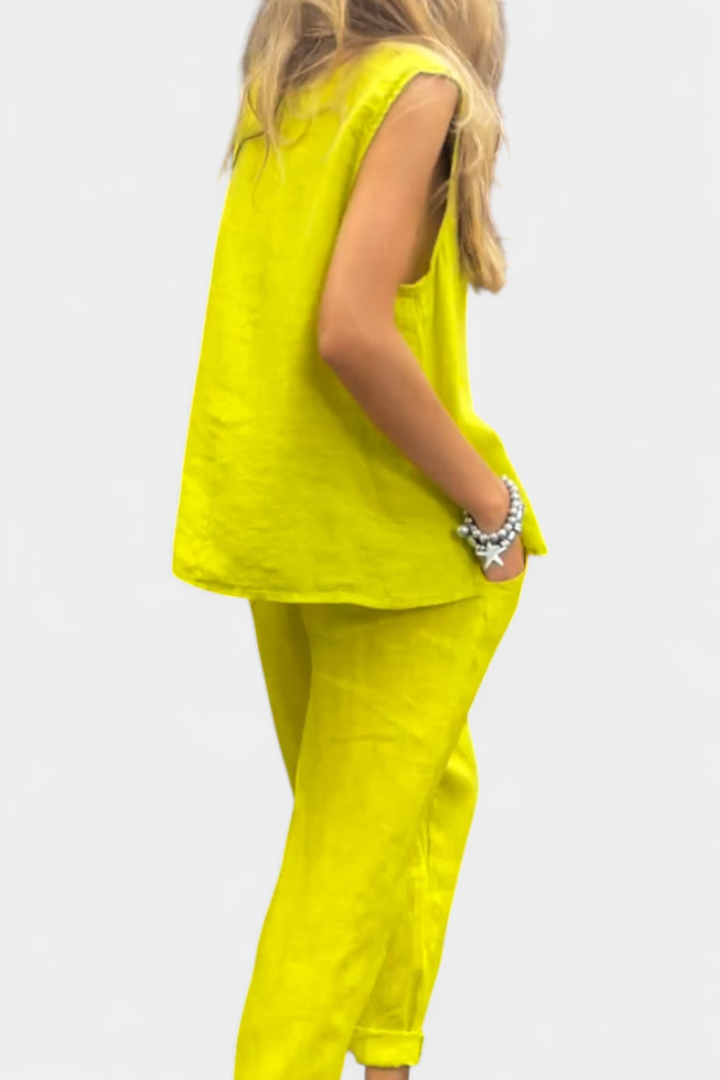 Leona | Conjunto de Chaleco y Pantalón Sin Mangas en Algodón Lino