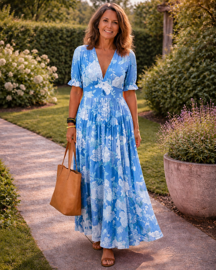 Ione | Vestido midi floral de manga corta y escote en V