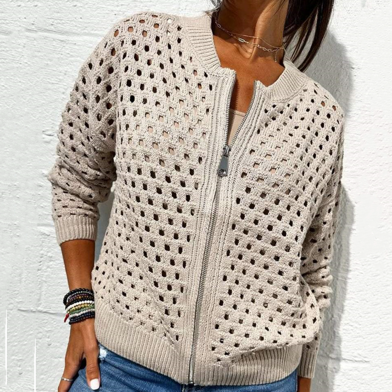 Chaqueta informal de punto con cremallera para mujer y diseño calado.