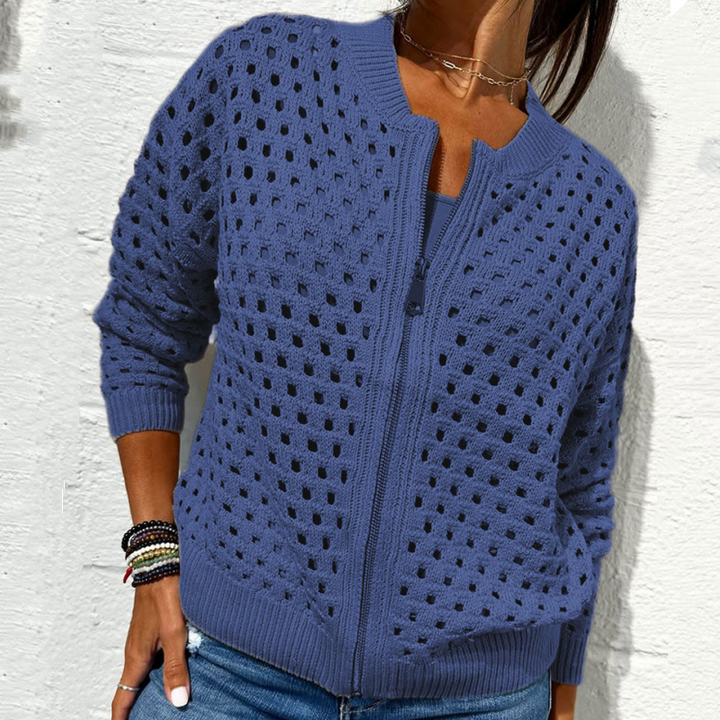 Chaqueta informal de punto con cremallera para mujer y diseño calado.
